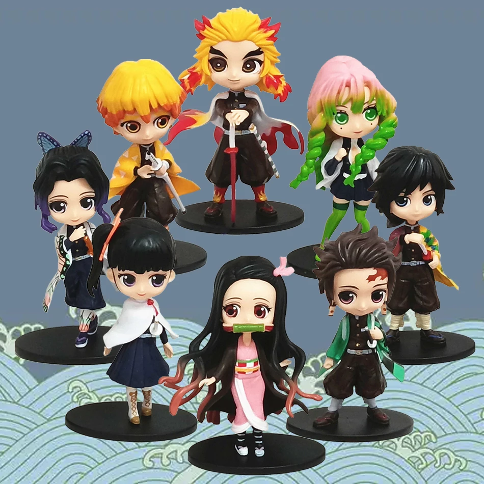 Anime Demon Slayer 8 szt. Figurki Q Version w pudełku, model figurki, ozdoba, akcesorium, kreskówkowe, urocze ozdoby, zabawki dla dzieci, prezent