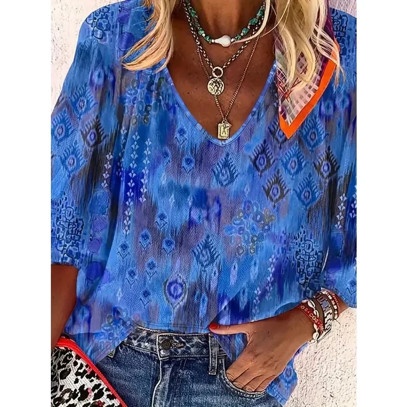 Plus Size Boho Printed Shirt for Women V Neck 3/4 Sleeve All Over Peacock Pattern Loose Top