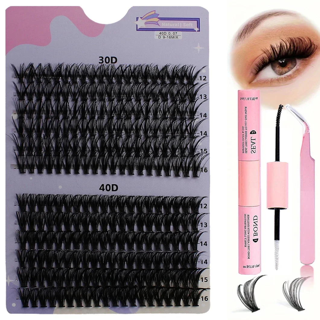 DIY Eyelash Extension Kit 240pcs Individual Lashes Cluster 30D40D 8-16mm Mix Lash Clusters Bond and Seal and Lash Applicator