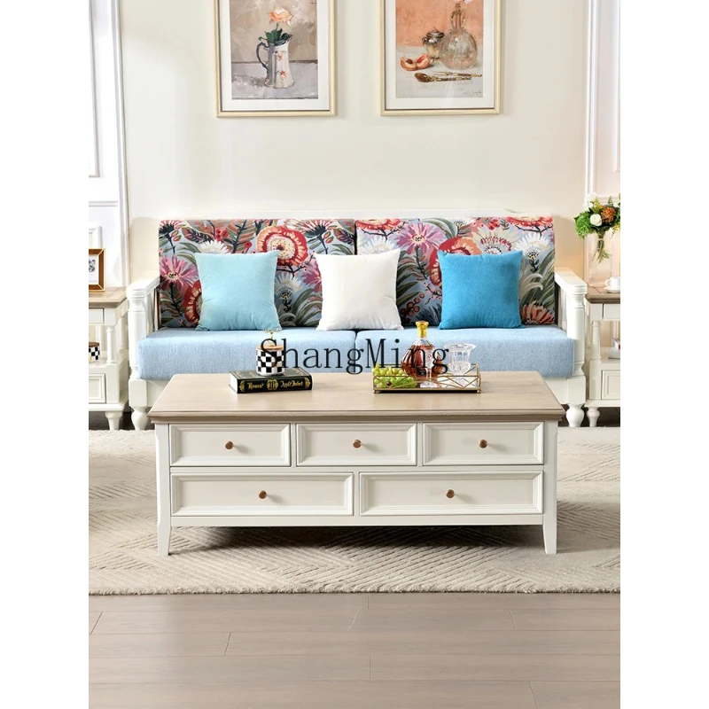 

SM Delicate White Cream Wind Solid Wood Coffee Table Full Solid Wood Country Wind Multi-drawer Living Room Furniture