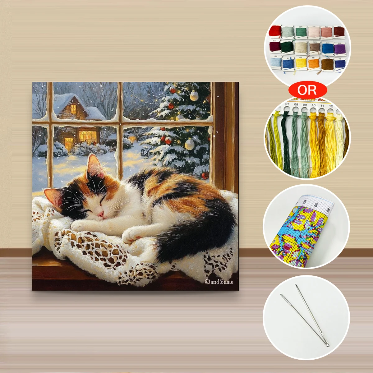 1 Stück 40x40 cm/15,74 Zoll, 11Ct/14Ct Kreuzstich-Set, DIY Valentinstagsgeschenk, Stickerei-Set für Festlichkeiten, Calico-Katze auf der Fensterbank – Detail 2