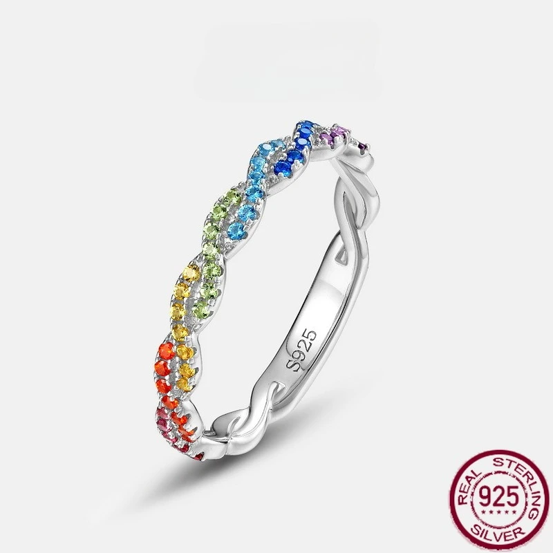 

New S925 Pure Silver Nano Color Zirconia Double Wear Rainbow Zirconia European and American Style Fashion Simple Wedding Jewelry