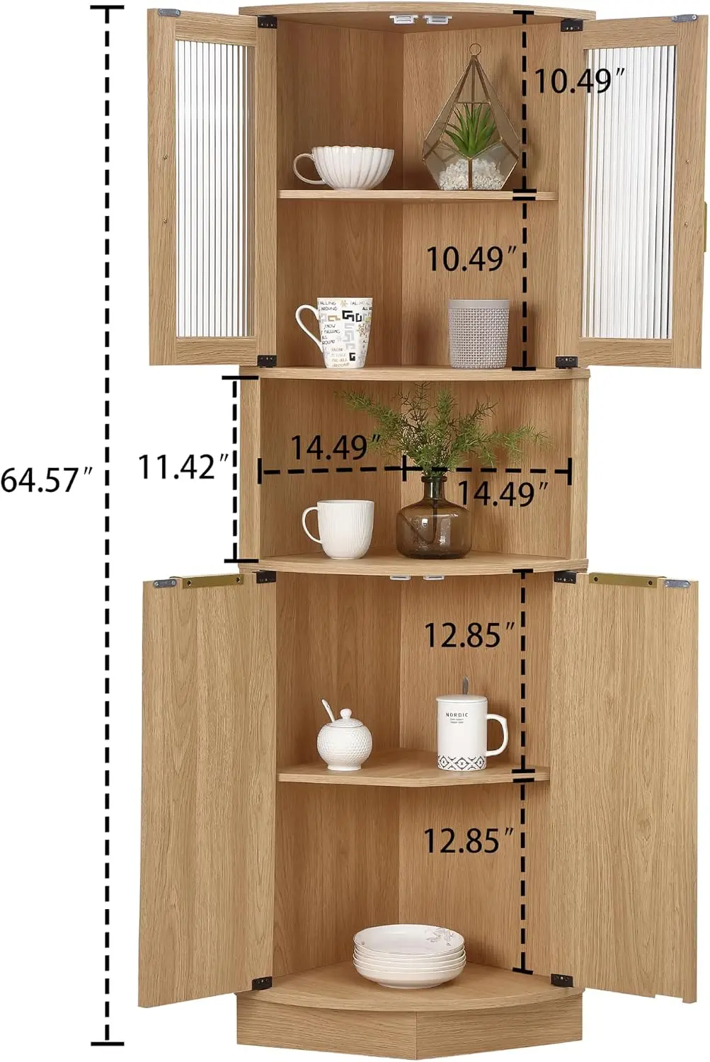 Modern Tall Corner Storage Cabinet With Fluted Glass Doors, Freestanding Space Saving Organizer Cupboard For Bathroom Kitchen Living Room, Contemporary Style, Natural Wood Color, 1 Pack