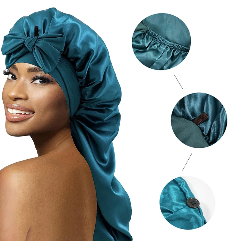 Women Long Hair Silk Bonnet Cap Extra Large Elastic Satin Hair Band Comfortable Head Cover Night Sleep Hat for Sleeping Shower