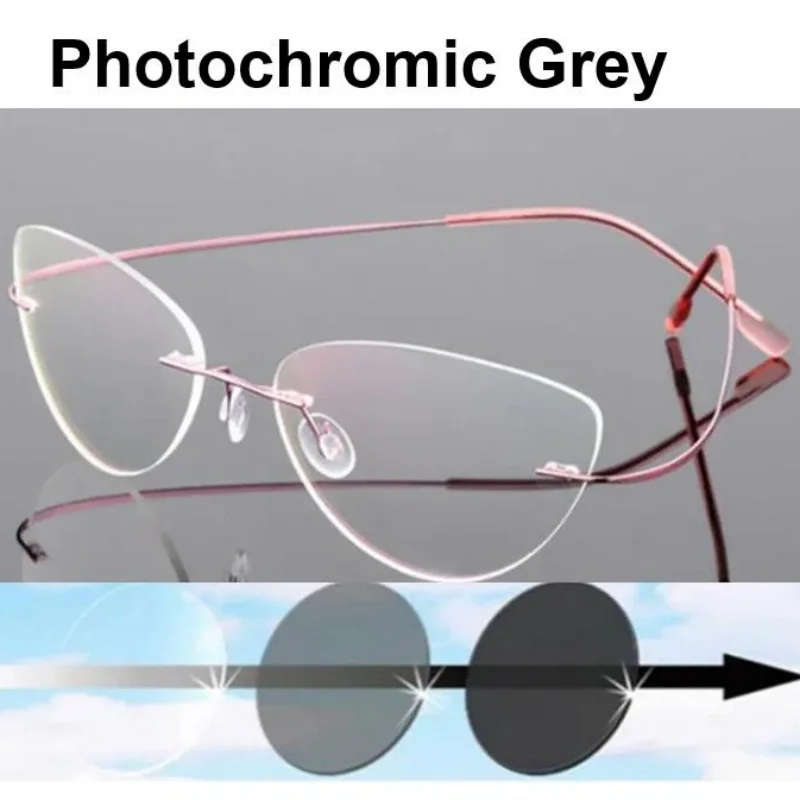 

Cat-eye Women Rimless Photochromic Glasses Finished Myopia Glasses Prescription Customized Nearsighted Eyewear Anti-blue Light