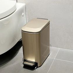 Quality Stainless Steel Dustbin Toilet Sewn Narrow Sanitary Bin Foot Pedal with Lid Metal Garbage Can Kitchen Cleaning Tools