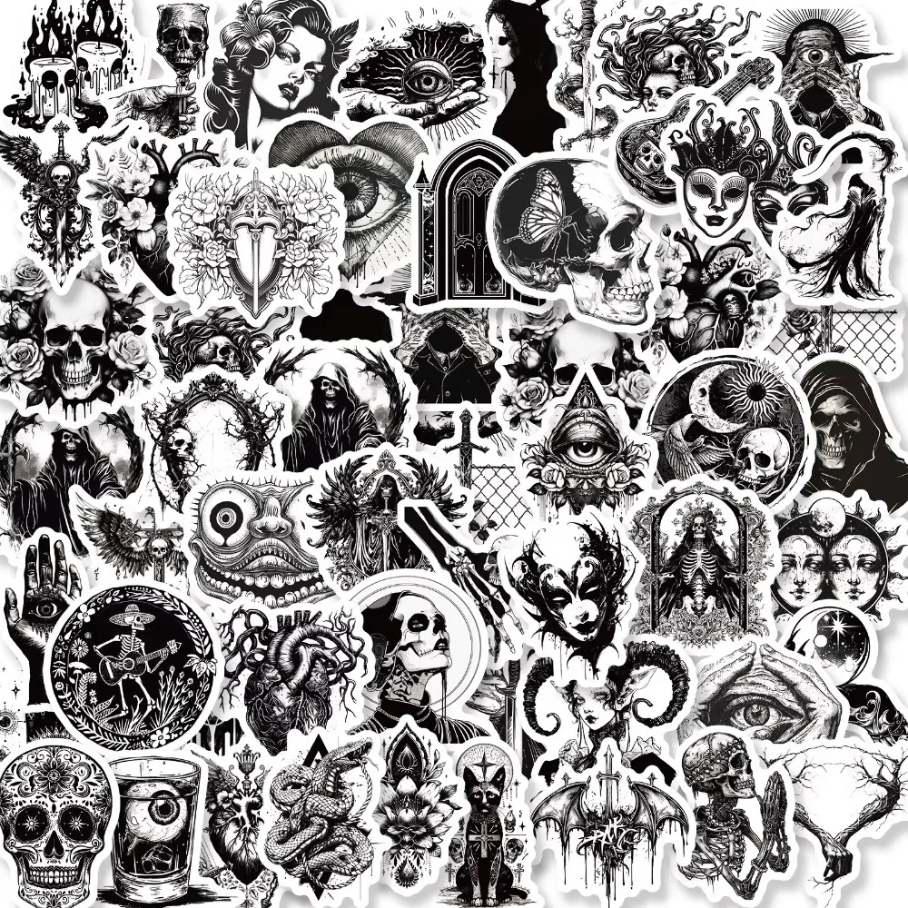 50Pcs Black White Gothic Skull Stickers Waterproof Horror Graffiti Decals DIY Decor for Water Bottle Laptop Luggage Skateboard