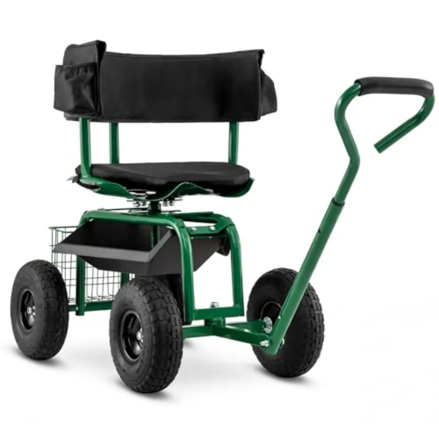 Garden Seat with Wheels, Rolling Gardening Stool with Adjustable 360° Swivel Seat, Tool Tray and Storage Basket, Extendable Han