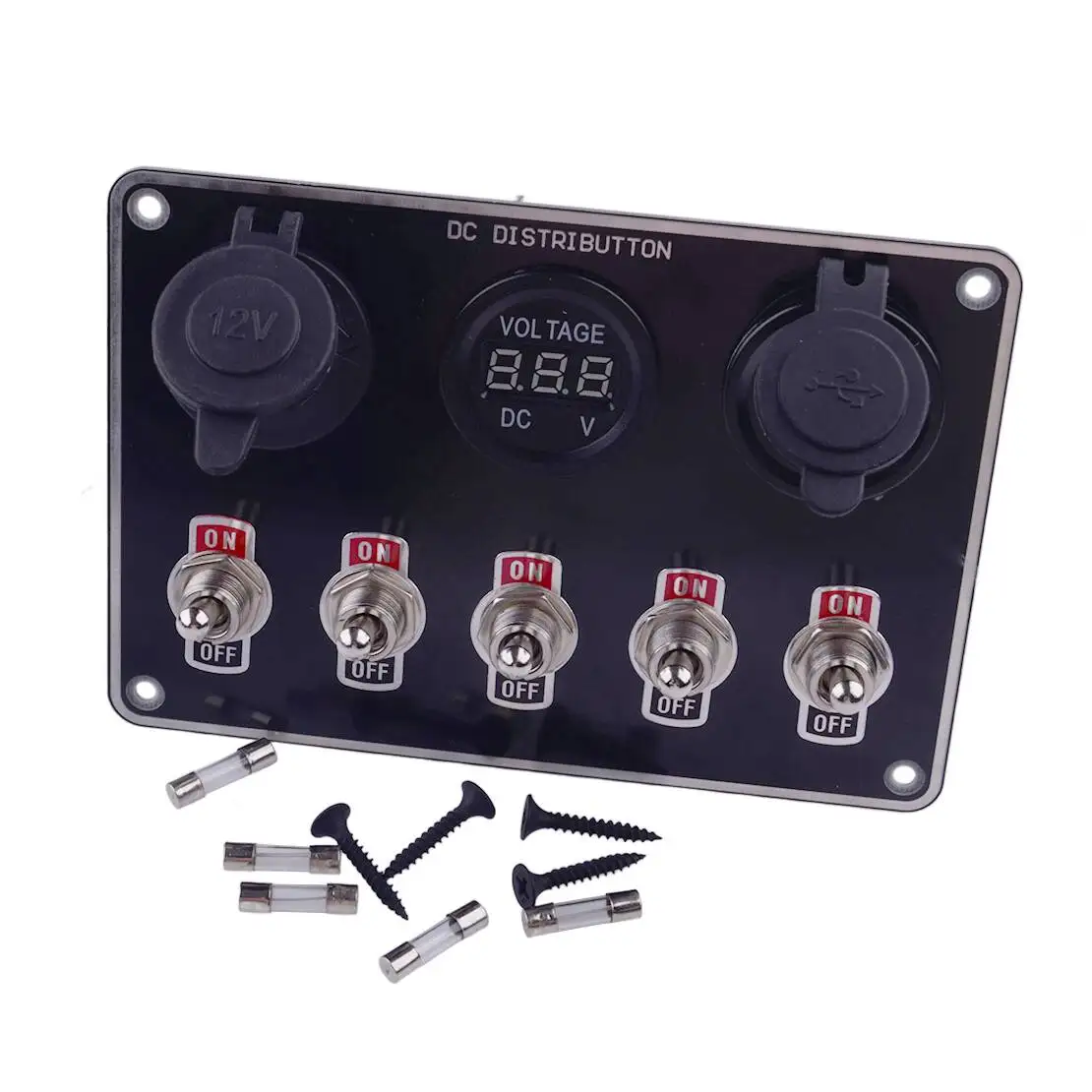 Blue LED 5 Gang Rocker Ignition Switch Dual USB Voltmeter Panel Waterproof Fit For Racing Car Truck Boat
