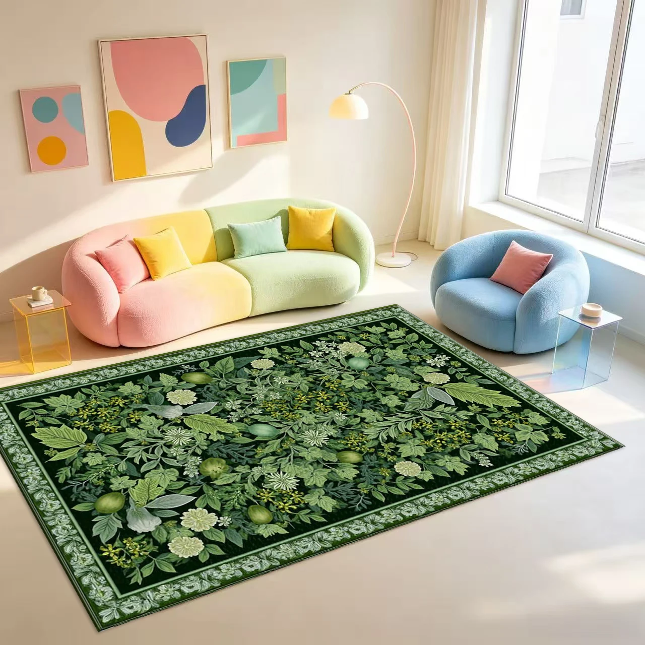 Dark Base Green Vintage Botanical Fruit Print carpet flooring Luxury Retro Garden Area Rug For Home Living Room Floor Decor