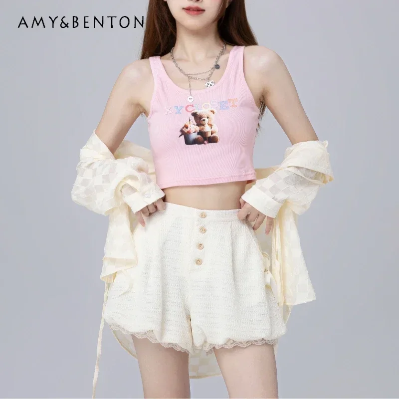 

2024 New Sweet and Cute Summer Multi-Color Suspender Top Bear Embroidered Knitted Vest Outside For Girls