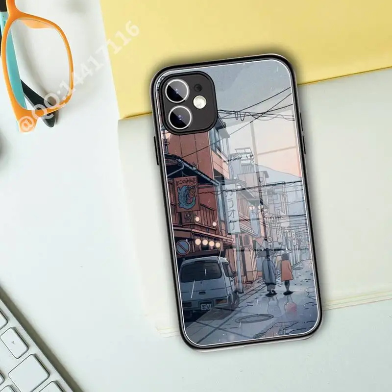 Riccu Japanese Anime Hand Painted House scenery Phone Case Glass For iPhone 13 11 Pro XR XS MAX 8 X 7 Plus 12 Mini  covers