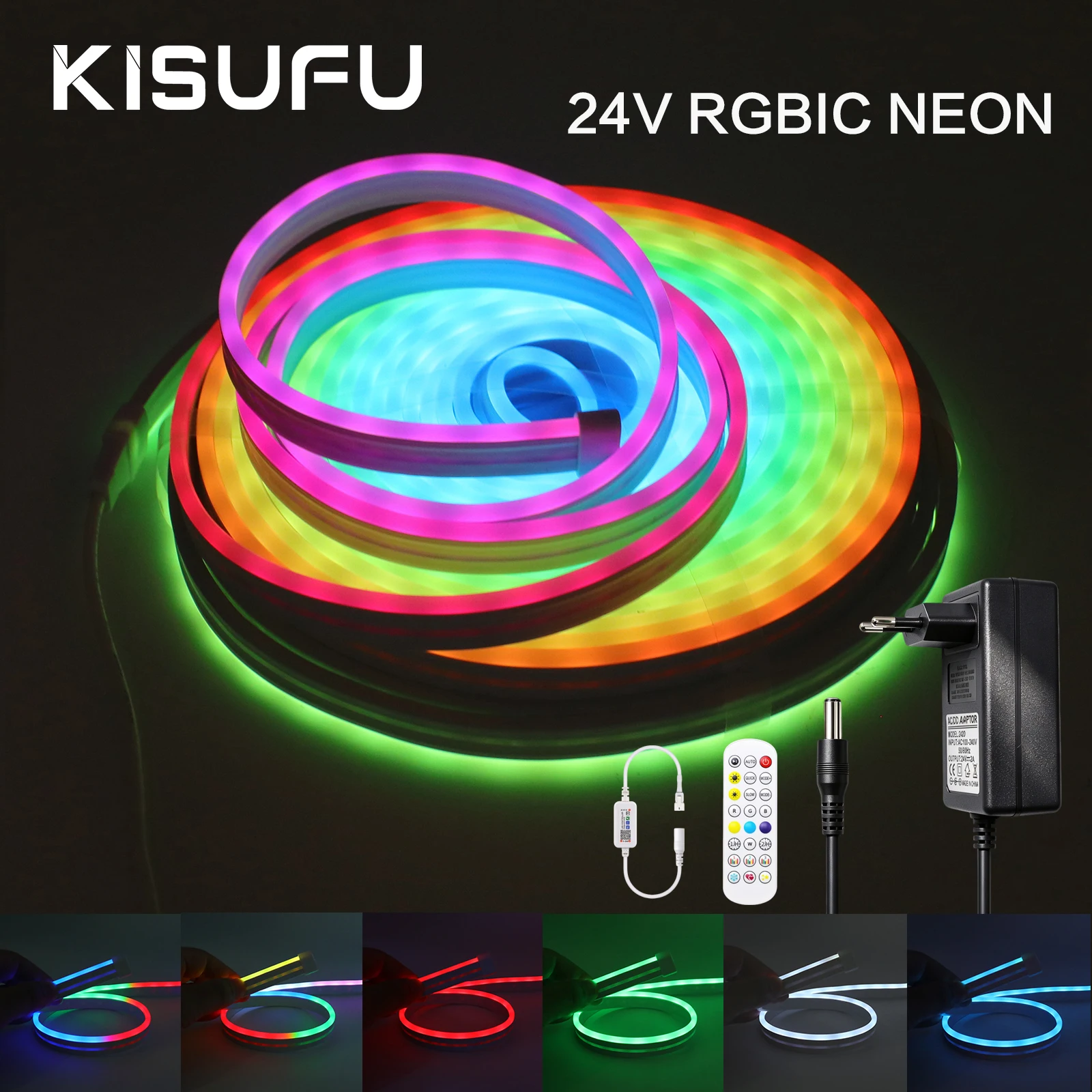24v-rgb-ledネオンテープライト-10m、20m、30m、40m。アプリとリモコンで調光可能。プラグ付き。防水仕様。音楽連動機能付き。rgbicロープテープ。屋外装飾用。