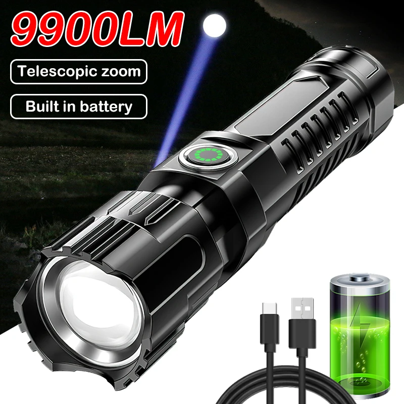 9900LM Super Bright LED Flashlight Zoom Tactical Torch Built-in Battery USB Rechargeable Waterproof Lamp Ultra Bright Lantern