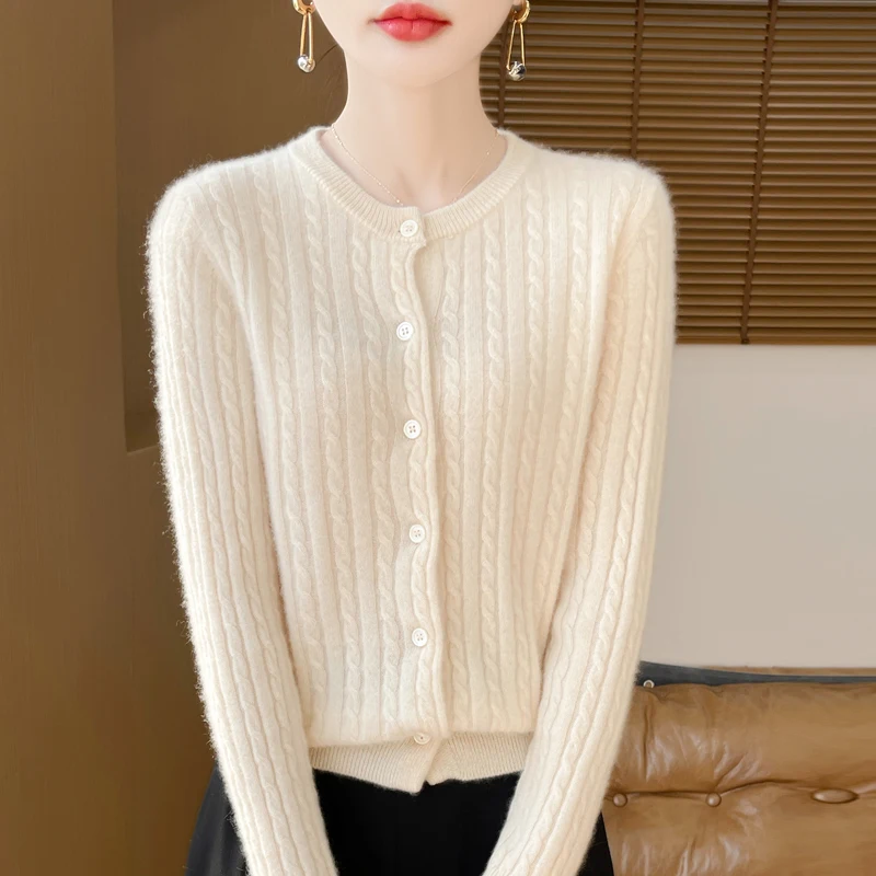 2024 Classic Women Knitwear 100%  Australian Wool Cardigan Fashion Twisted pattern style Sweater O-Neck Loose Thick Basics Tops