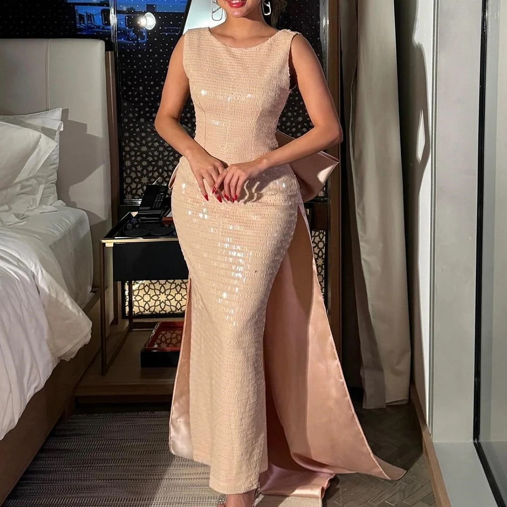 Exquisite Bow Off the Shoulder Jersey Evening Dresses Fashion Straight Ankle Length Crew neck Sleeveless Vestidos De Fiesta