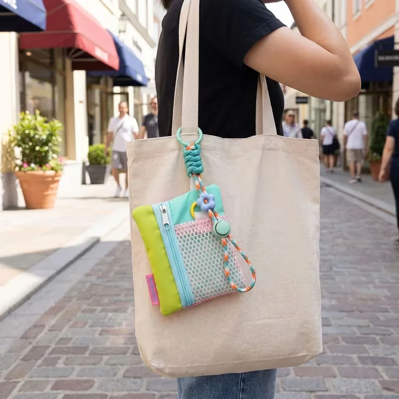 Color-Block Mesh Mini Coin Purse with Adjustable Woven Strap Portable Zippered Card Wallet Lightweight Key Pouch Random Design