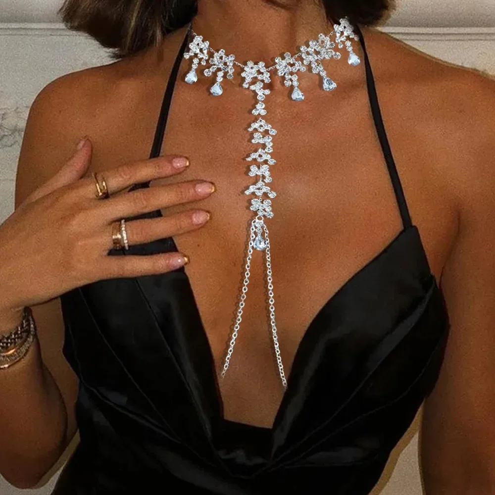 Shine Sexy Rhinestone Non Piercing Nipple Chain Necklace for Women Carnival Crystal Chest Chain Body Jewelry