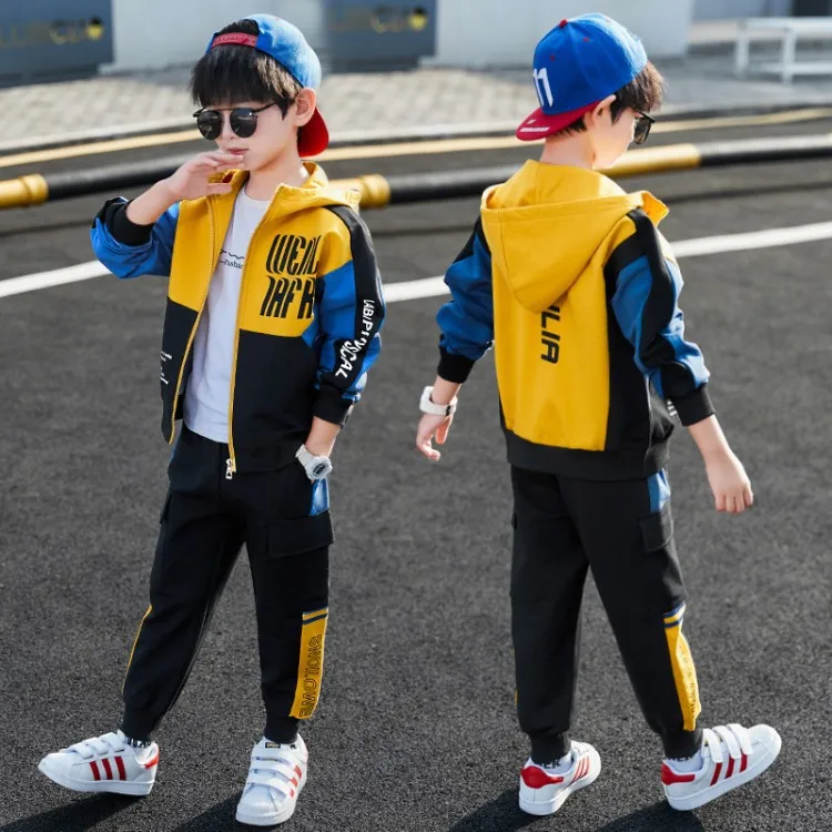 2026 Autumn Winter Tracksuit Clothes Boys Teenager Kids Zipper Splicing Child Set Jacket Hooded + Striped Pant 12 14 15 16  Year
