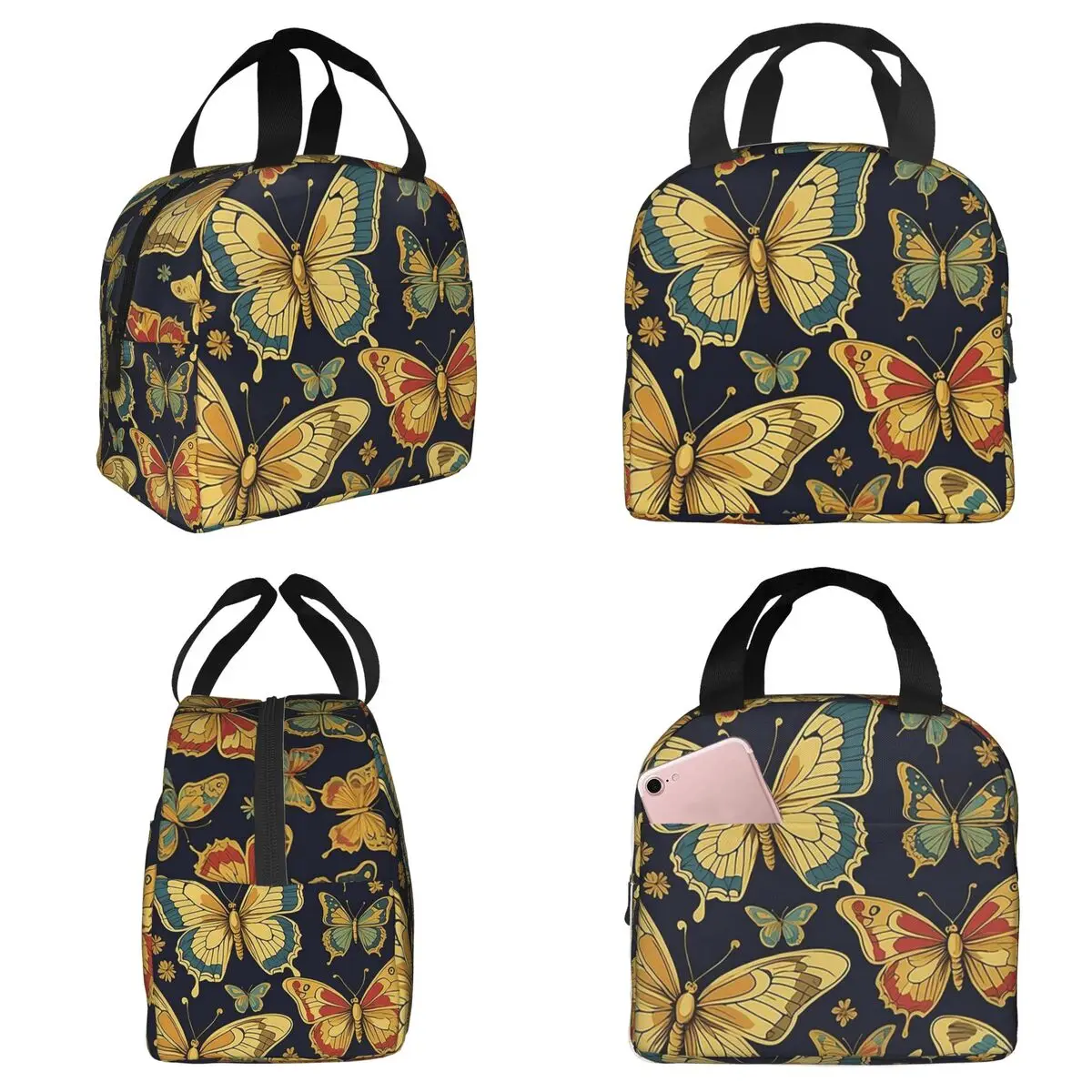 Colorful Butterfly Vintage Insulated Lunch Bag for Women Office Cooler Thermal Food Box Tote Portable Lunch Boxes Container
