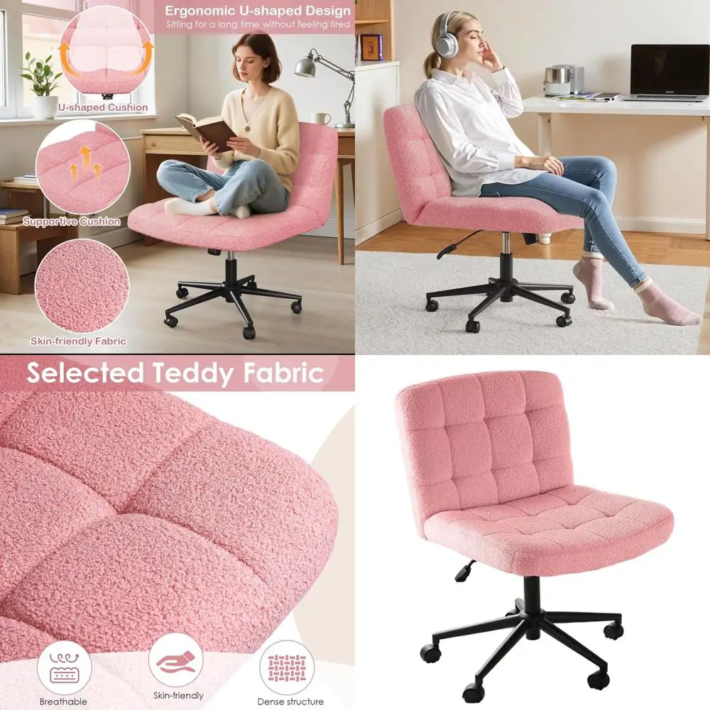 

Регулируемое по высоте поворотное кресло на колесиках с широкой подушкой для домашнего офиса, туалетного столика, спальни - розовый флис шерпа