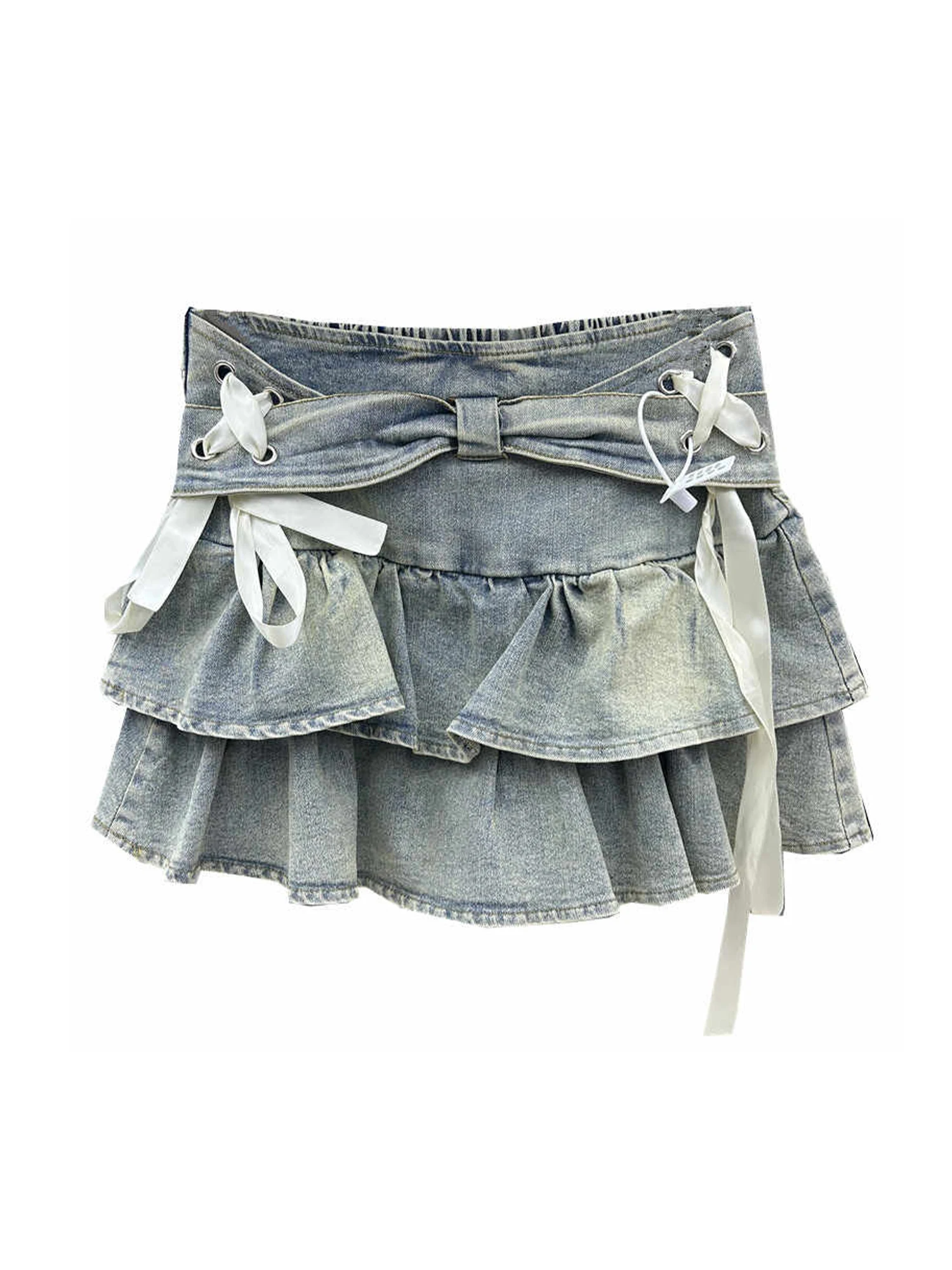 Women Clothing Blue Denim Skirt Vintage Y2k Cute Bow Bandage A-line Cowboy Skirt Harajuku Emo 2000s Mini Jeans Skirt Summer 2025