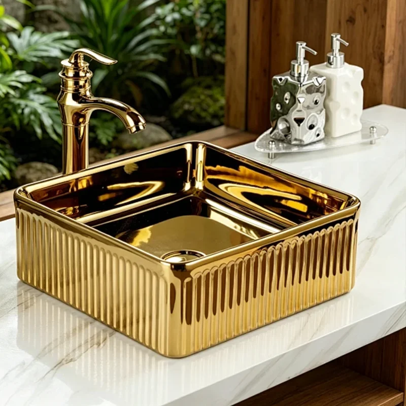 40Cm*40Cm Square Design Ceramic Washbasin with Gold Stripes, Ideal for Modern Bathroom Equipment, Suitable for Changing Rooms, Vanity Tables, Bathrooms, Toilets, and Rvs