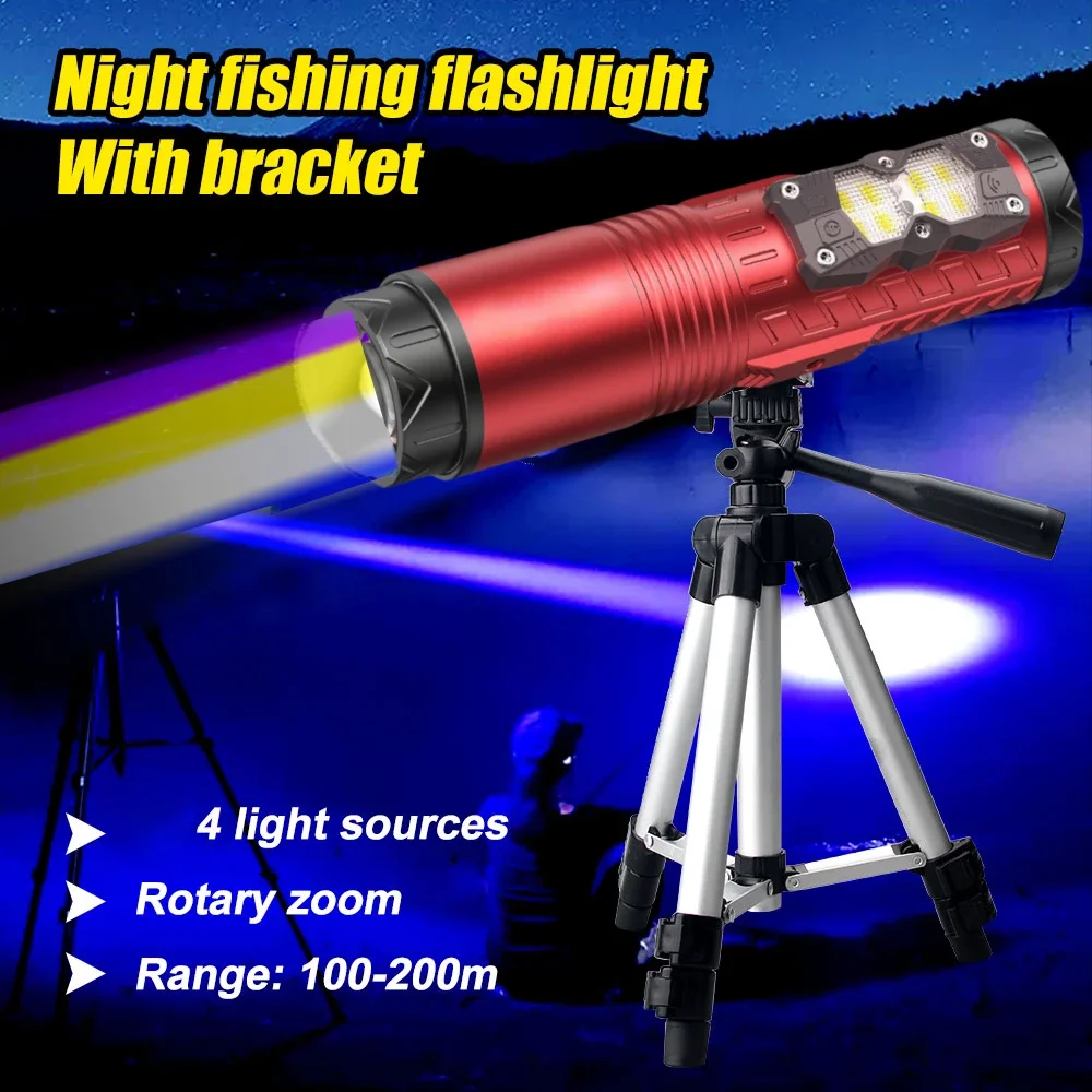 Super Bright Night Fishing Flashlight Outdoor Camping LED Torch Type-C Rechargeable Zoomable 4 Color 10000mAh Searchlight