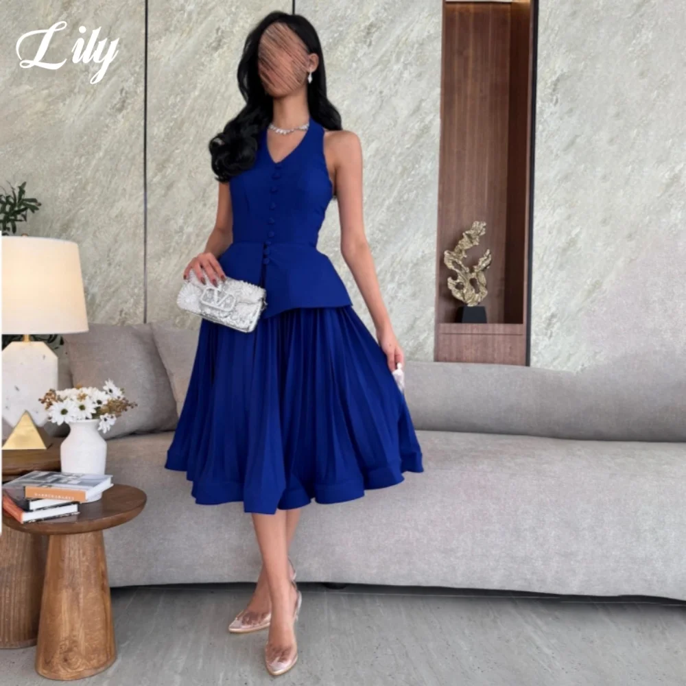 

Lily Blue Elegant Prom Dress V-Neck Sleeveless Evening Dress Satin Pleating Mini Skirt Party Dresses вечерние платья Customized