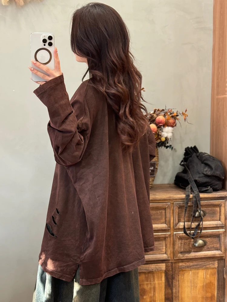 Amax LuluE Summer Vintage Loose Soild Tee Shirts Females Fashion Leisure O Neck Clothes Womens Korean Design Classic Holes Tops