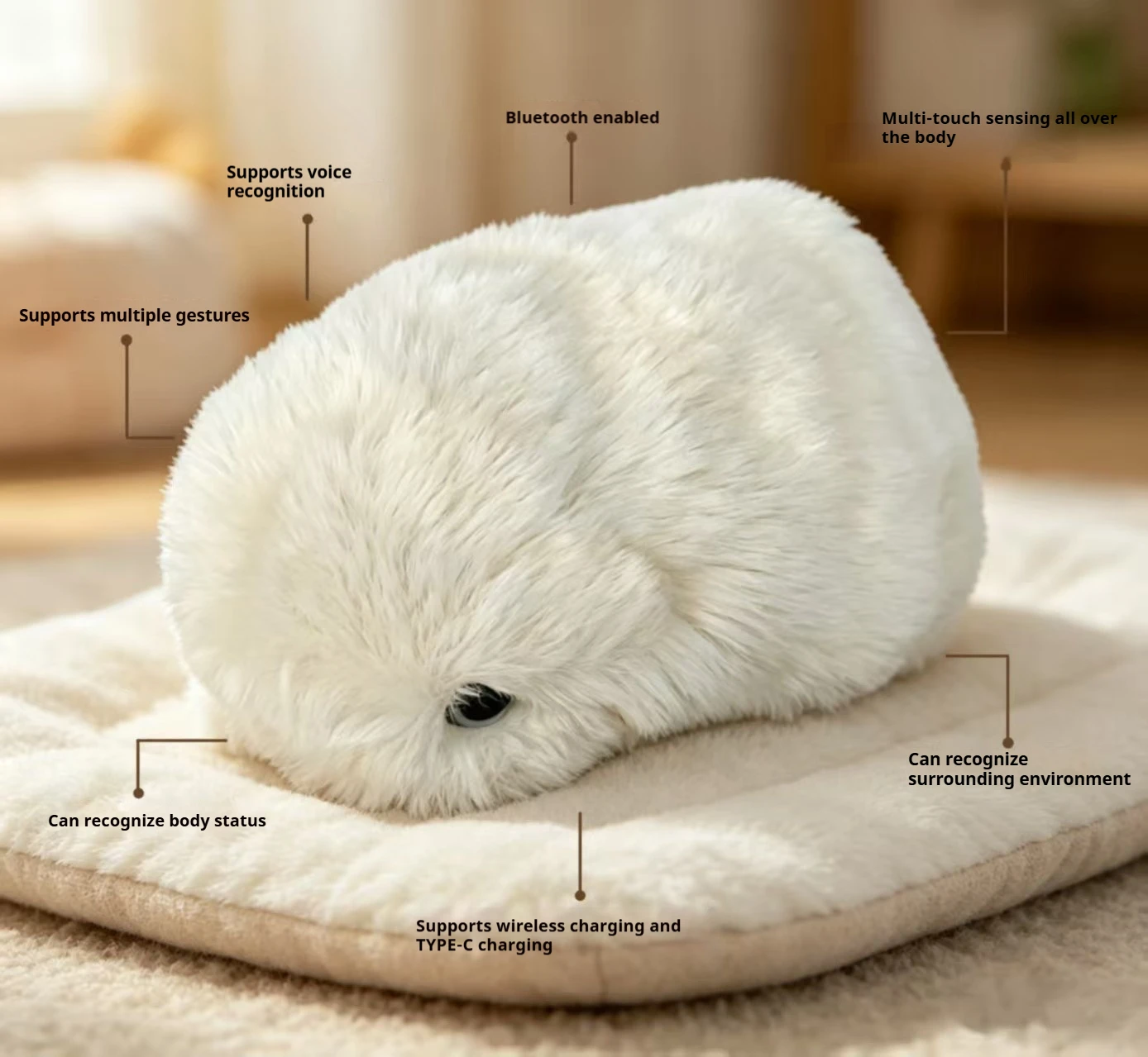

Fluffy Rechargeable Al Emotional Companion Robot Pet, interactive Touch-Sensing Smart Plush Buddy with Mood Response