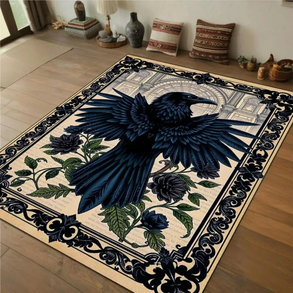 Floral Tree Raven Area Rug Black Background Art Carpet Bohemian Living Room Bedroom Decorative Floor Mat