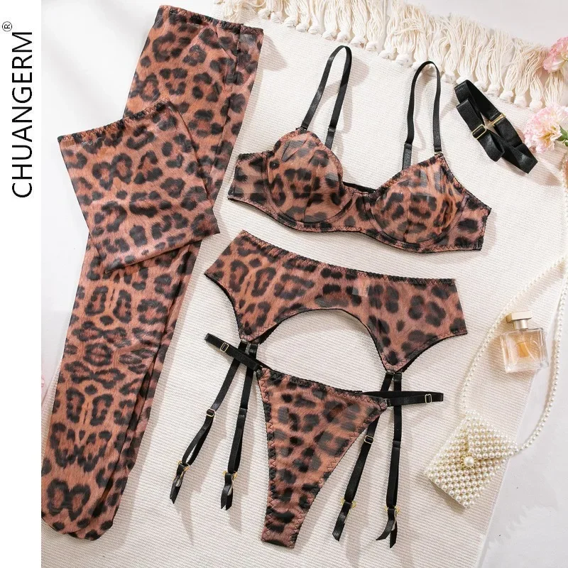 CHUANGERM-Leopardo Lingerie Sexy, Hollow Out Roupa Interior Erótica, Kit de Sutiã De Luxo, Push Up Garter, Conjuntos de fantasia íntimos, 6 peças