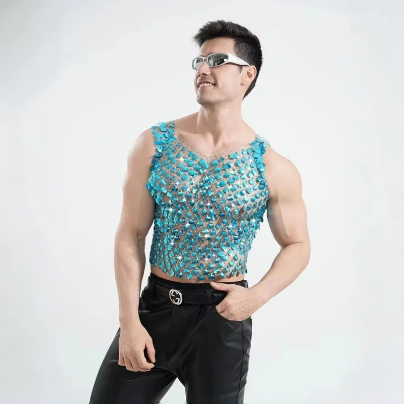Men Unisex Glitter Mesh Sequins Shell Tank Top See-through Vest Red/Black for Music Festival Nightclub Party Disco Stage Costume