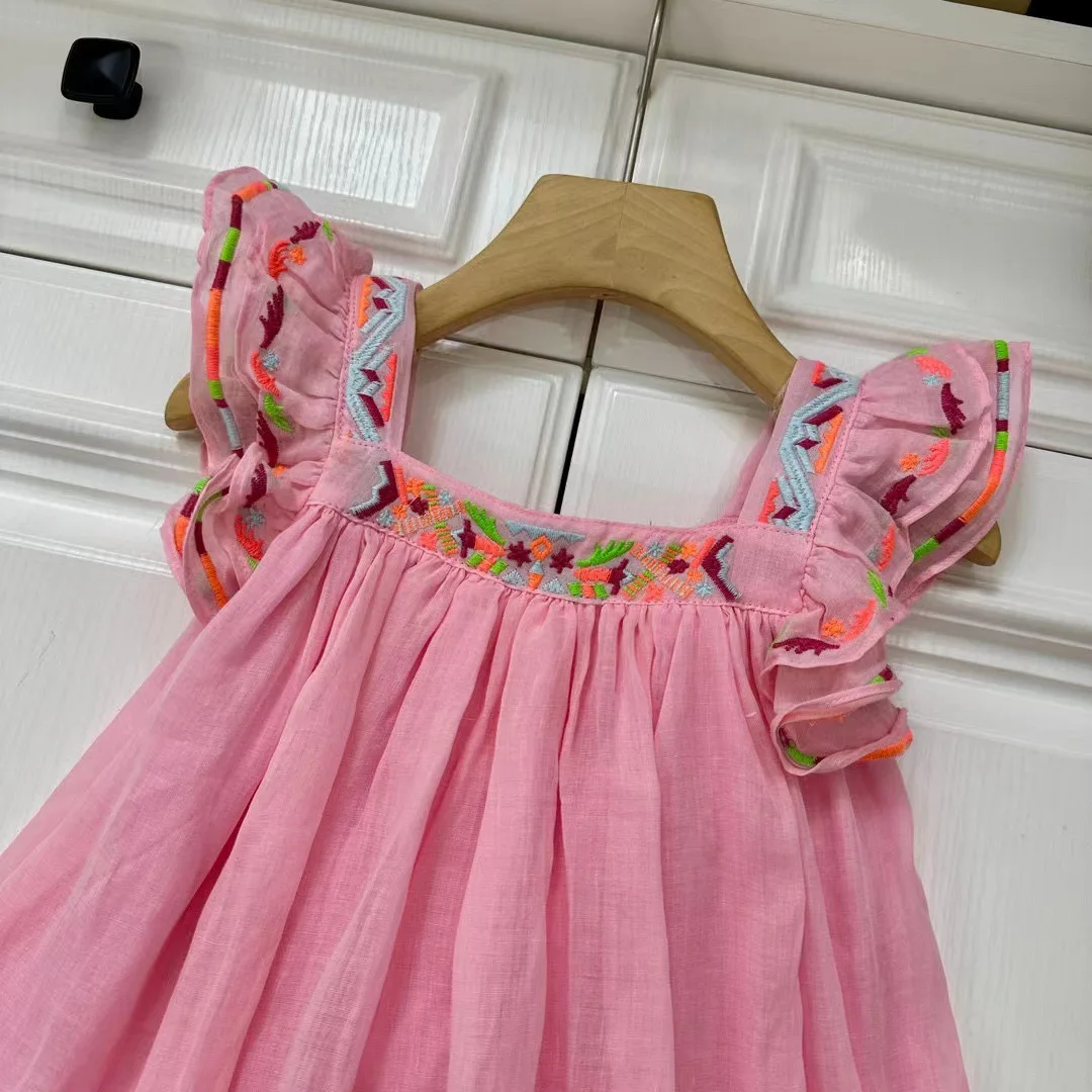 Girls' Dress Children's Summer Pink Princess Dress New High End Cotton and Linen Dress for Girls
