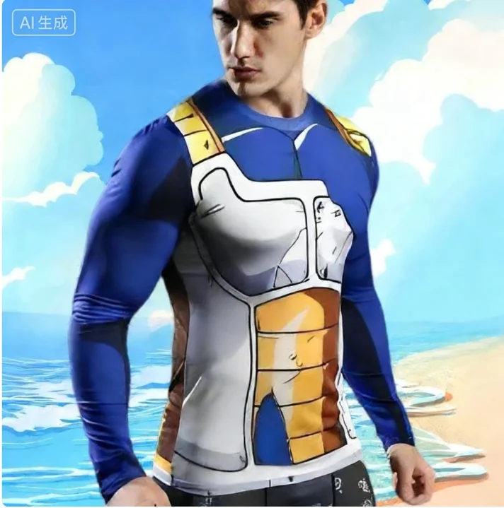 

Bandai Dragon Ball Z Vegeta Battle-damaged Armor Cosplay Costume Anime Adult Kids Long Sleeve Compression Dry Fit T-Shirt Summer