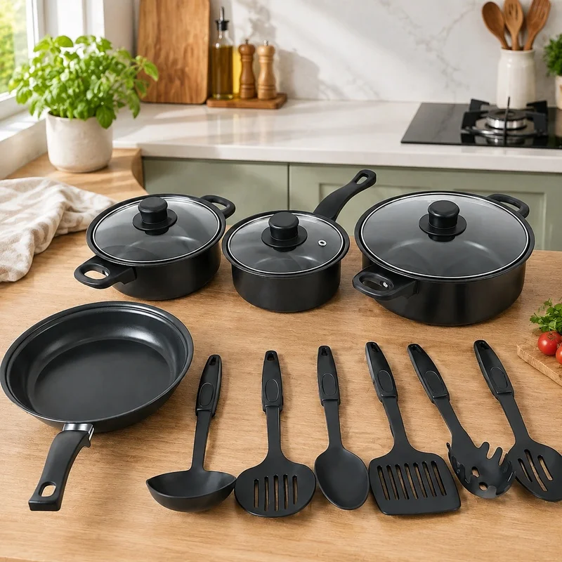 13-Piece Set of Black Nonstick Pots, Frying Pan, and Cooking Tools Compatible with Induction for Indoor and Outdoor Use