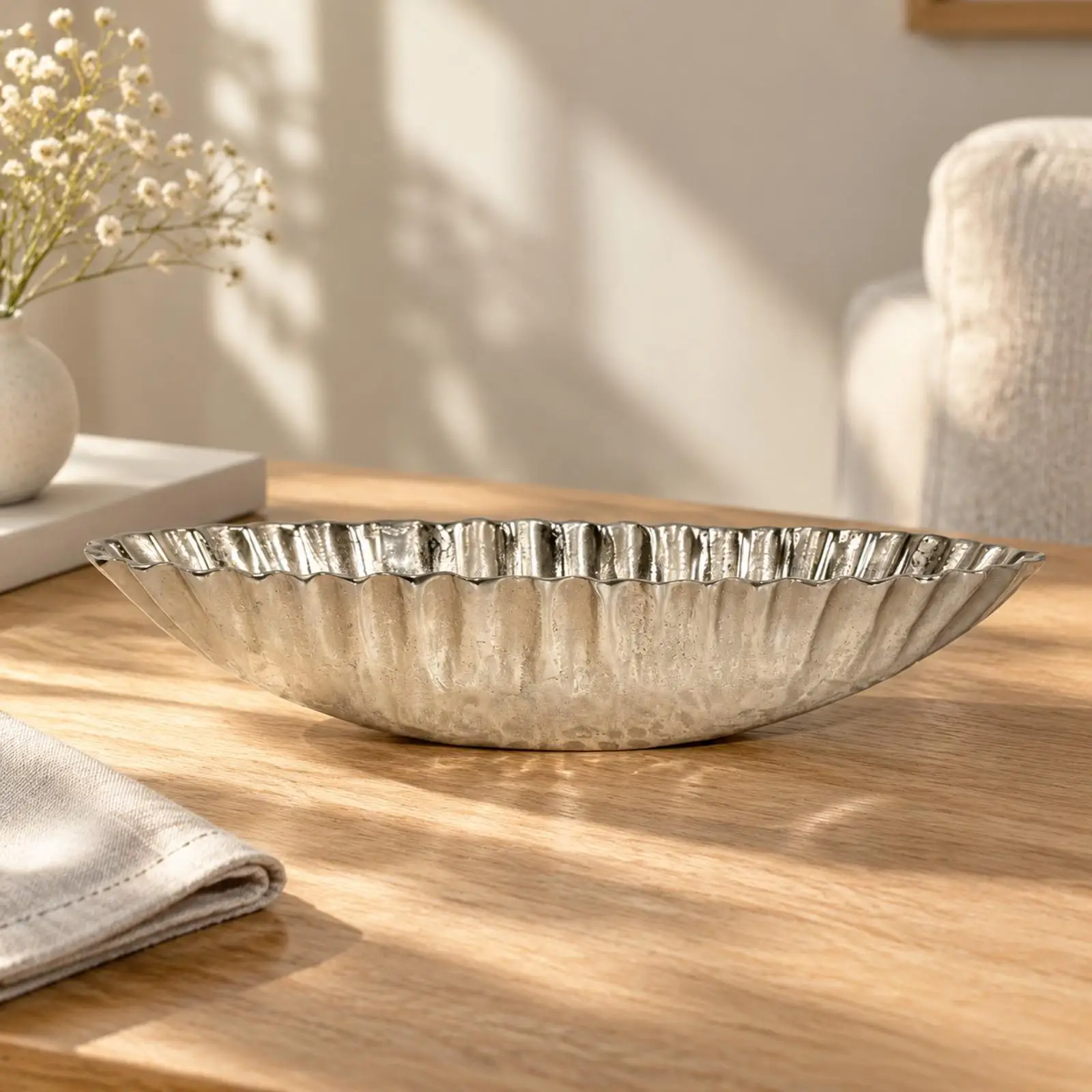 Fluted Aluminum Bowl Elegant Bowl with Wavy Rim Embossed Textured for Tabletop Decor, Contemporary Interiors