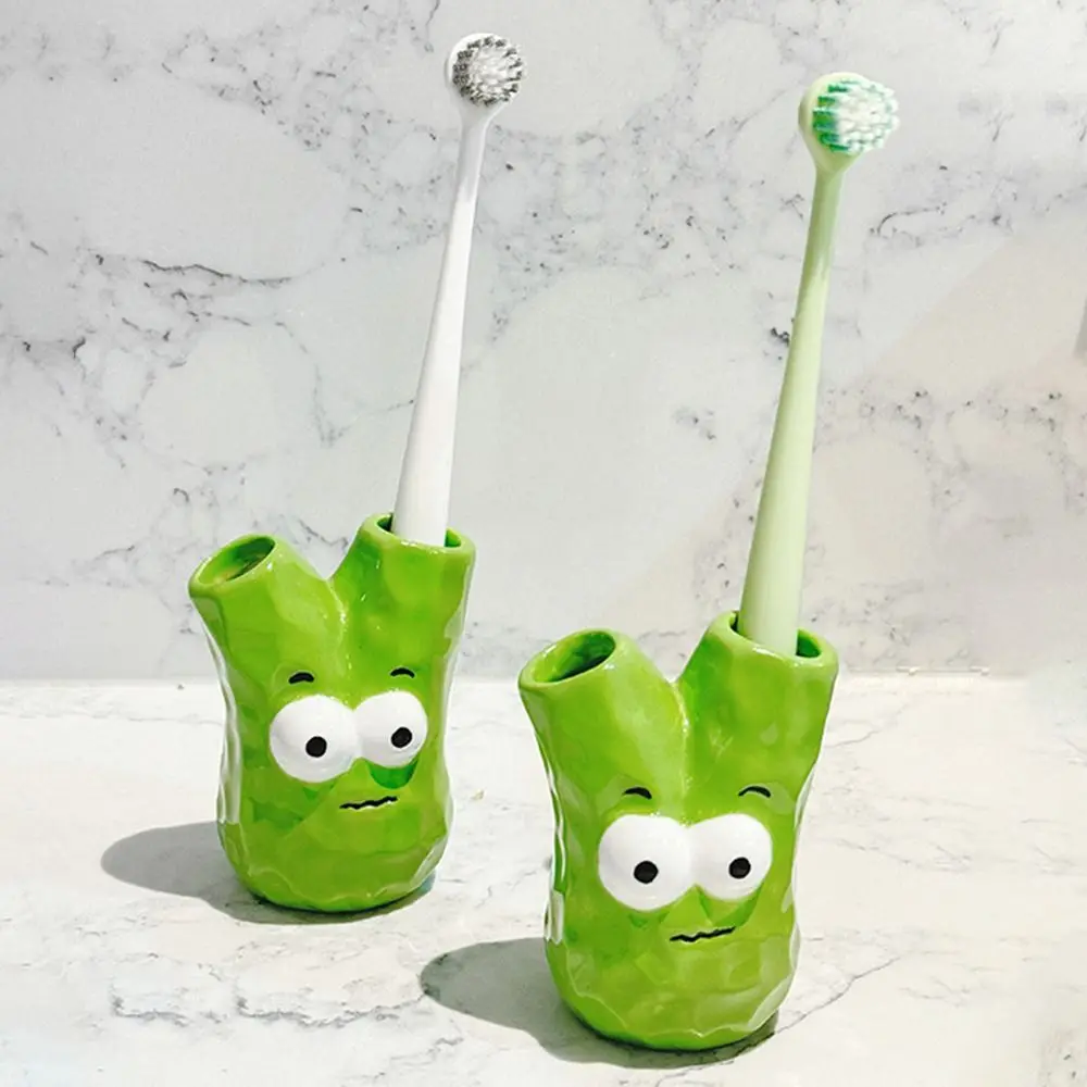 

2 Holes Ceramic Toothbrush Holder Scallion Shape Creative Makeup Brush Shelf Cute Portable Toothbrush Storage Rack Home Decor