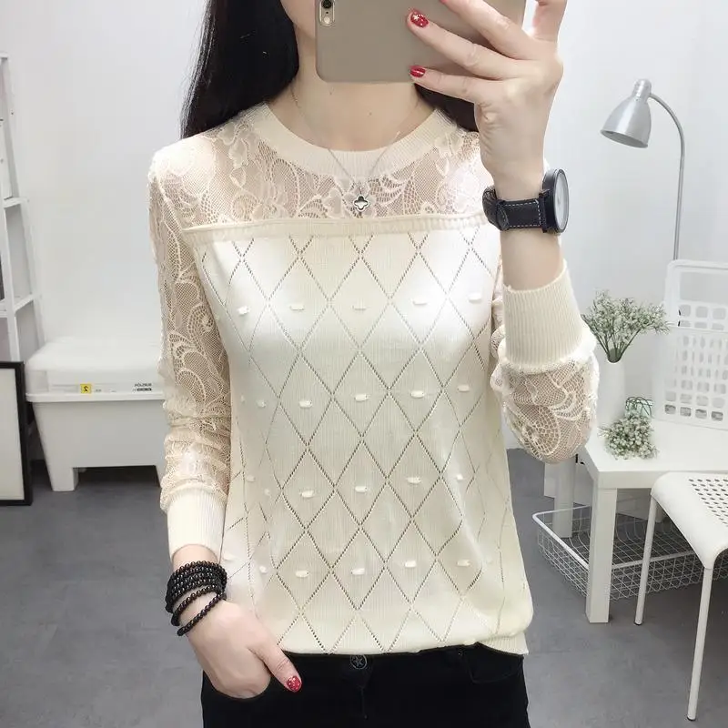 Round Neck Lace Bottoming Shirt Ice Silk Long Sleeve Loose Wild Spring And Autumn Clothes  New Thin Sweater Women's Blouse Tide