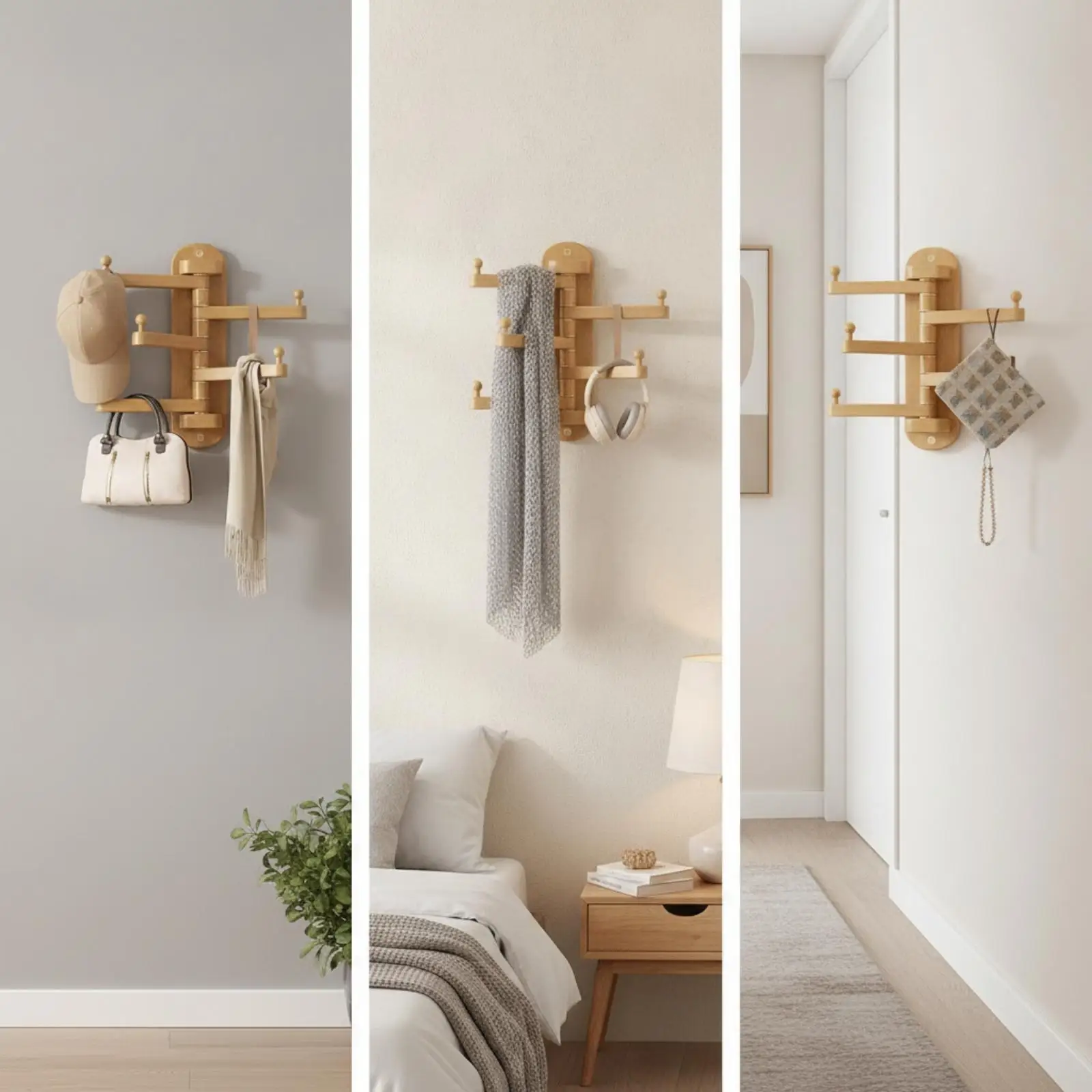 Wall Mounted Coat Rack Solid Rubberwood Rotating Wall Hanger with Rounded Knobs for Entryway Jackets Hats Bags Organizer