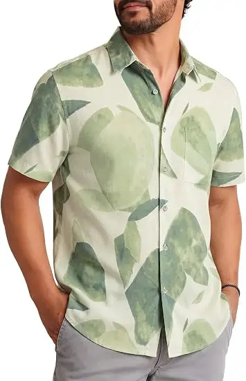 Men's Short Sleeve Shirt Beige Green Watercolor Leaf Print Lapel Button Down Holiday Casual Mens Clothing