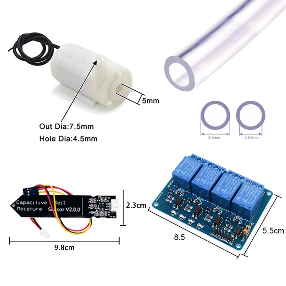 4 Way Automatic Watering System DIY Kit - 4 Water Pumps 4 Soil Sensors Relay Compatible with ARDUINO R3 Board And Dupont Cables