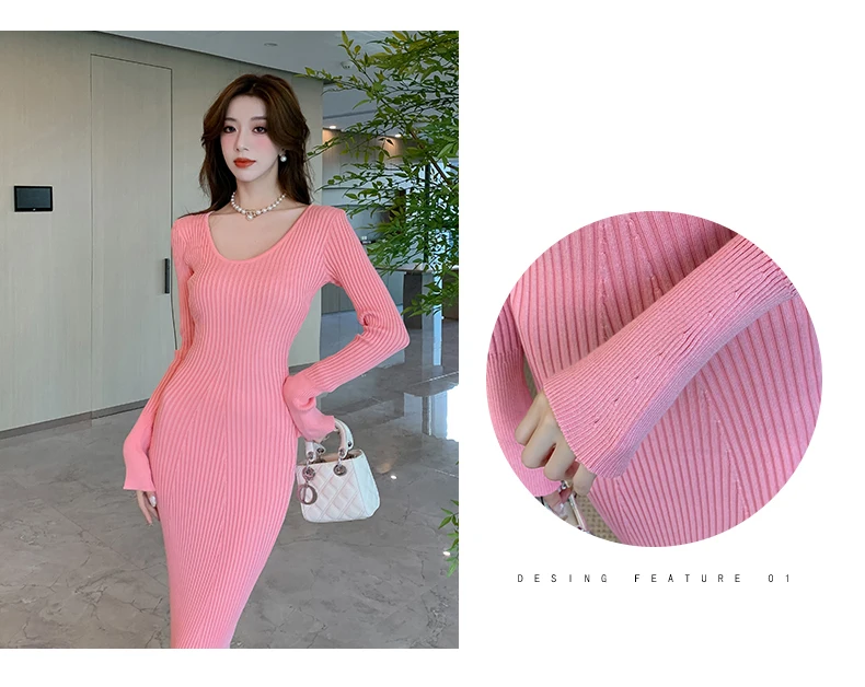 Langes Strickkleid für Damen 2026 Herbst Winter Neuerscheinung Langes Kleid mit Trompetenärmeln und V-Ausschnitt Koreanischer Stil Modisches Damenkleid – Detail 5