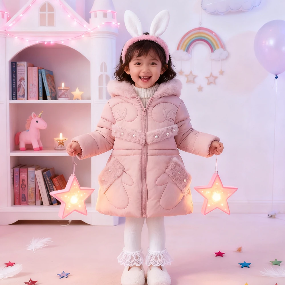 Winterjacke für Kleinkinder, Mädchen, winddicht, warm halten, Kapuzenmantel, Herbstkleidung für Mädchen, rosa Fleece, verdickte Oberbekleidung, Kindermantel