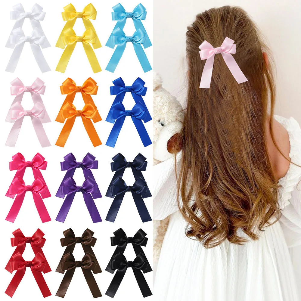 3.15 Inch 12Pcs/Lot Satin Ribbon Bow Hairgrips School Girls Ribbon Hair Clip Long Tails Bowknot Hairclip Kids Hair Accessories