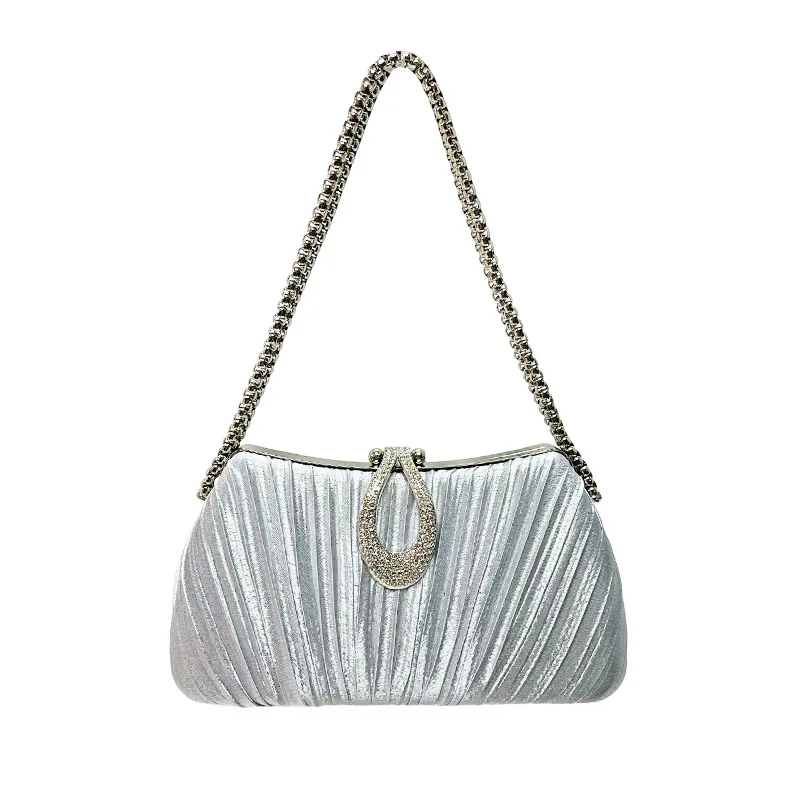 Silver Grey Pleated Satin Clutch Bag U Shape Rhinestone Crystal Lock Metal Chain Crossbody Evening Handbag Luxury Wedding Purse