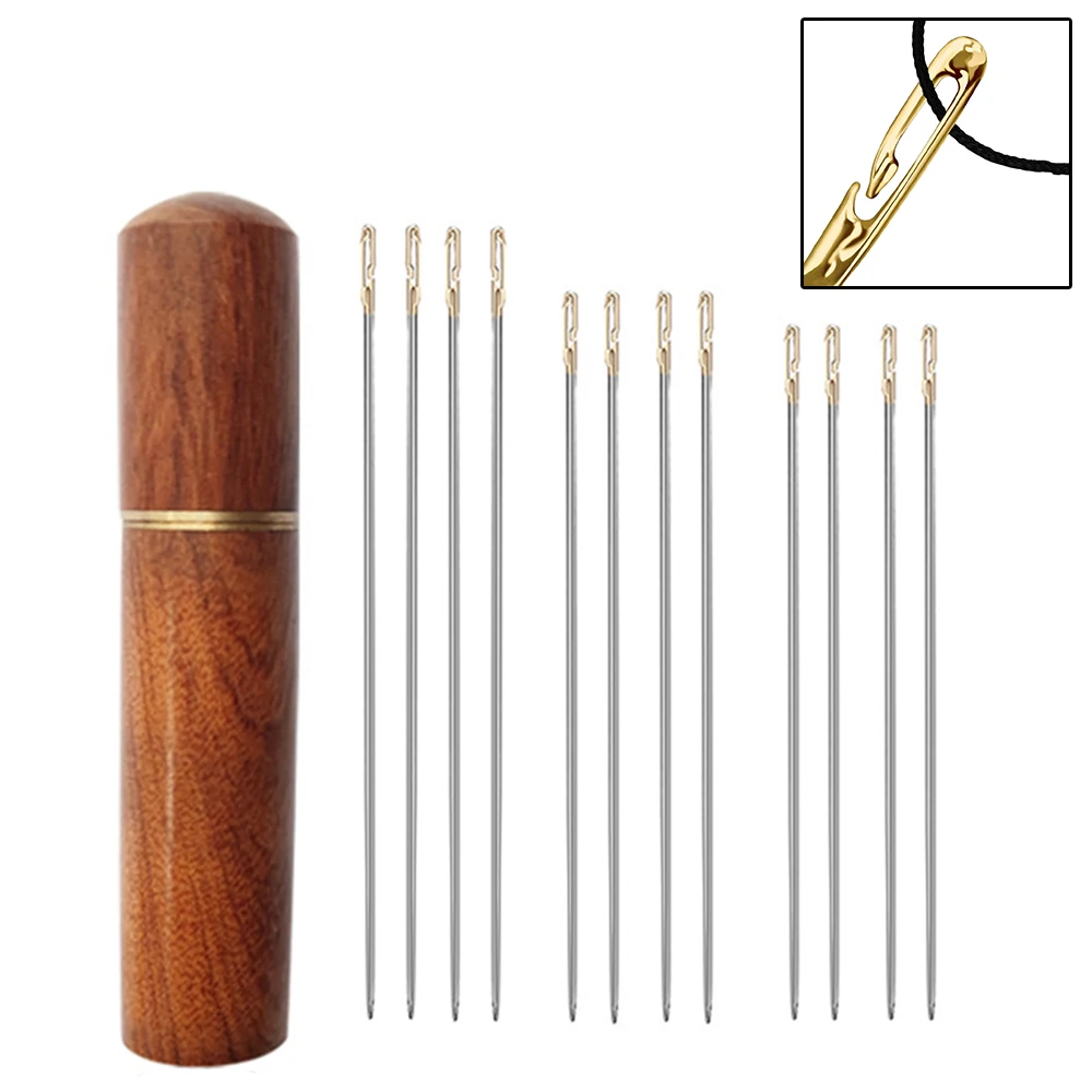 12x aghi da cucito autofilettanti 3 dimensioni apertura laterale in acciaio inossidabile cucito a mano aghi ciechi custodia in legno per anziani, principianti