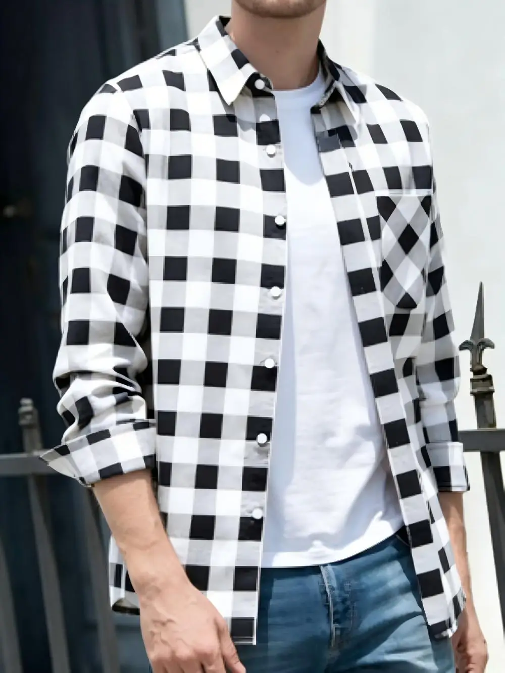 Men's Classic Water Buffalo Checkered Long Sleeved Shirt Slim Fit, Easy to Piece Patch Fabric, Chest Pocket, Comfortable and Sof
