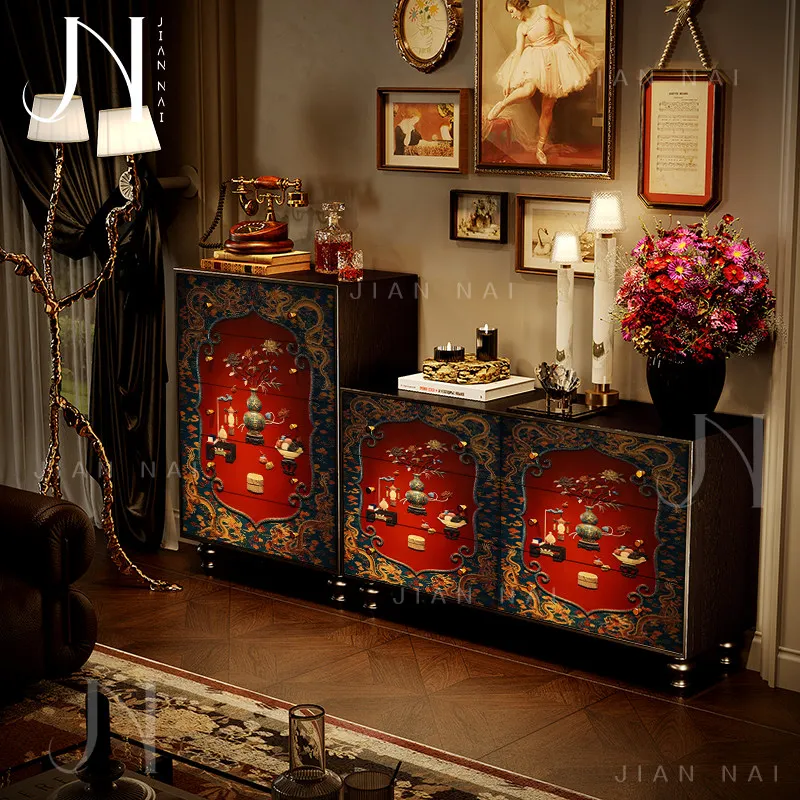 Chinoiserie Solid Wood  Drawer Chest Hundred Treasures Pattern Living Room Sofa Side Storage Bed End Cabinet